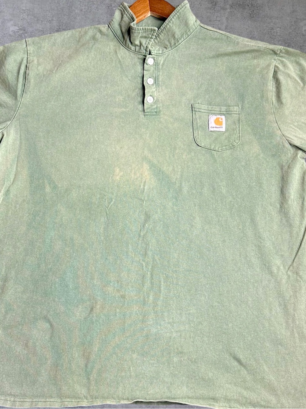 Carhartt Shirt Mens XL Green Faded Pocket Henley Mock Neck Workwear Cotton